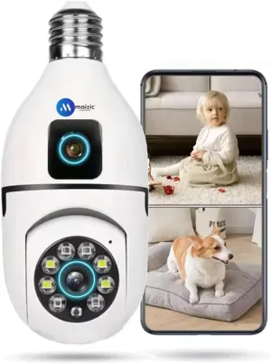 Dual-Lens (4MP 4MP) Resolution Smart Wi-fi Bulb Security Camera, 360° View, Night Vision, Two-Way Talk, Motion Tracking & Detection Alert, Up to 128GB SD Card Support