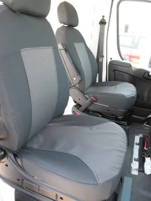 Durafit Seat Covers. Made to fit 2013-2024 Promaster Van Exact Fit Front Bucket Seat Covers, Black/Gray, armrest on Drivers only.