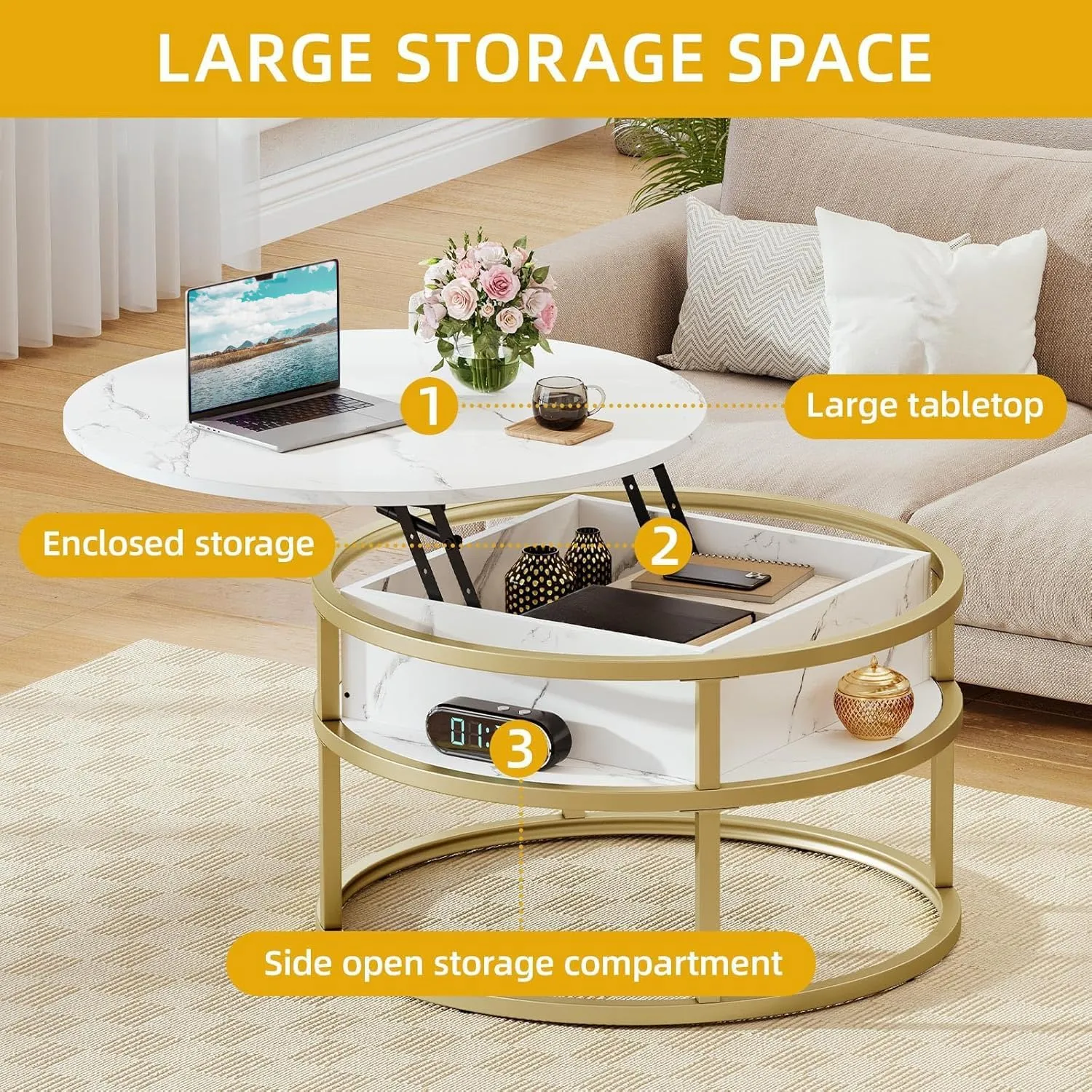 DWVO Coffee Tables for Living Room, Round Lift Top Coffee Table with Storage and Hidden Compartment, Rustic Small Circle Coffee Table, Wood Farmhouse Center Table, White and Gold