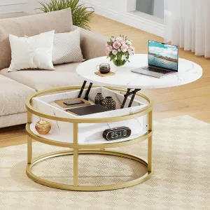 DWVO Coffee Tables for Living Room, Round Lift Top Coffee Table with Storage and Hidden Compartment, Rustic Small Circle Coffee Table, Wood Farmhouse Center Table, White and Gold
