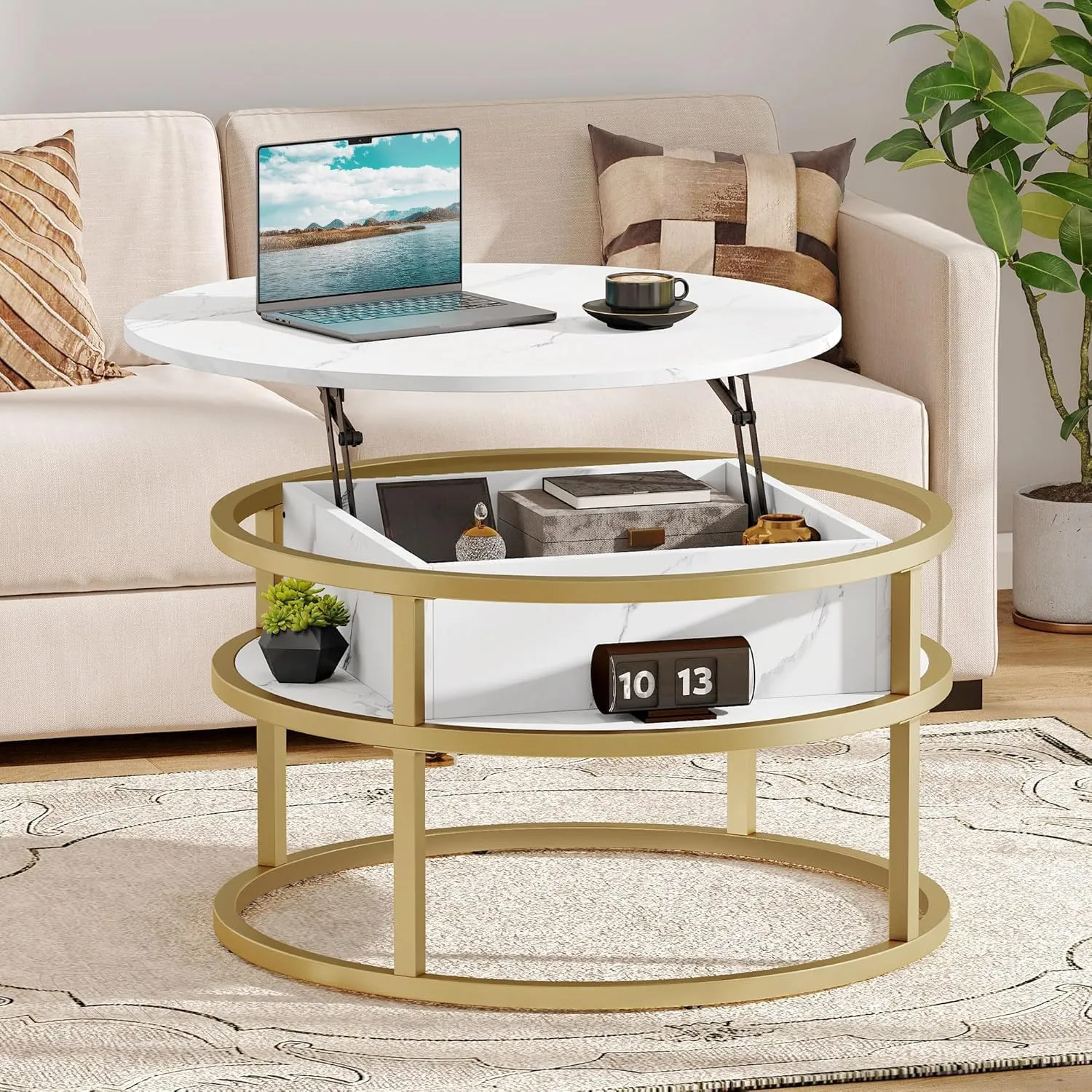 DWVO Coffee Tables for Living Room, Round Lift Top Coffee Table with Storage and Hidden Compartment, Rustic Small Circle Coffee Table, Wood Farmhouse Center Table, White and Gold