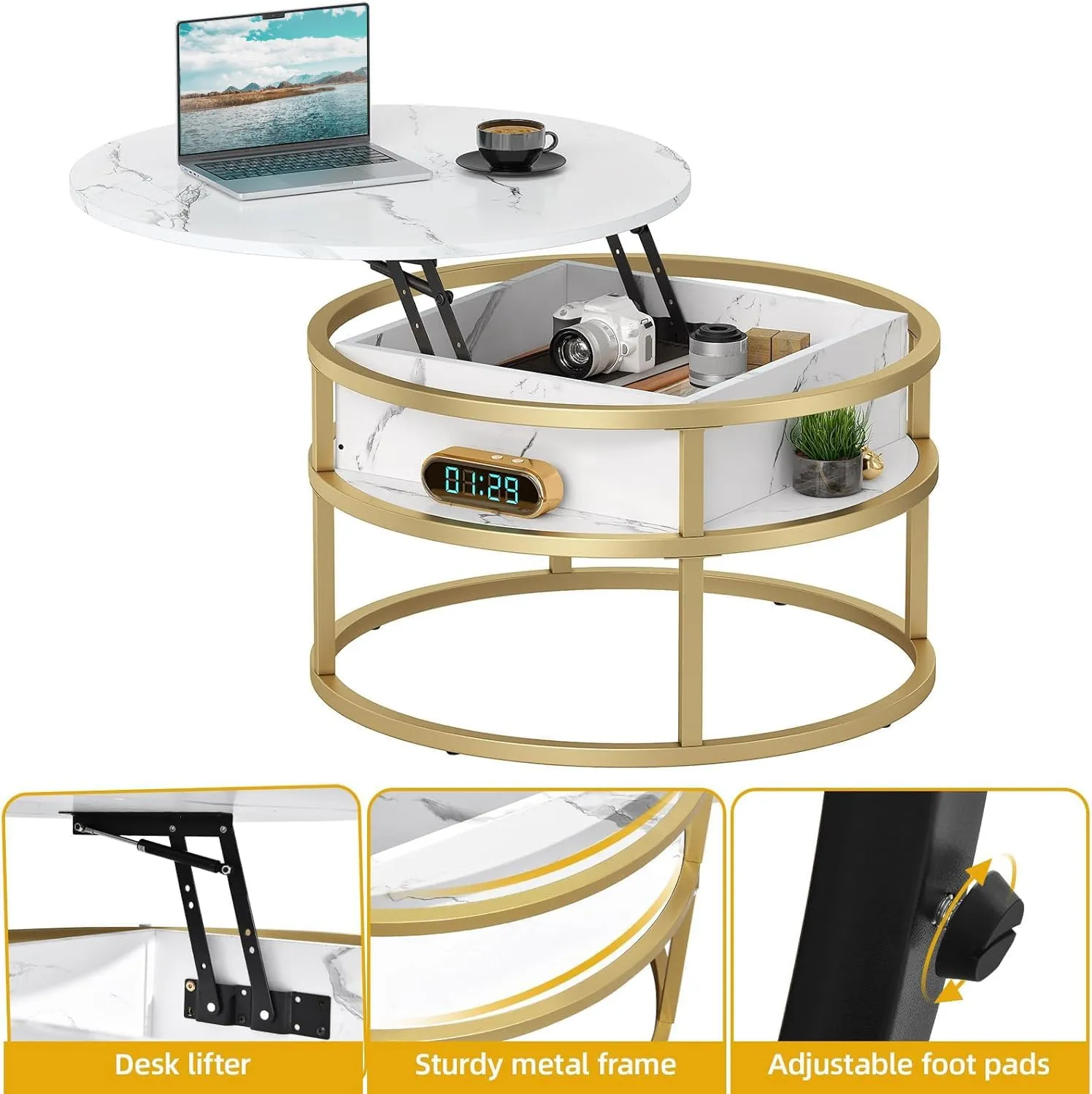 DWVO Coffee Tables for Living Room, Round Lift Top Coffee Table with Storage and Hidden Compartment, Rustic Small Circle Coffee Table, Wood Farmhouse Center Table, White and Gold