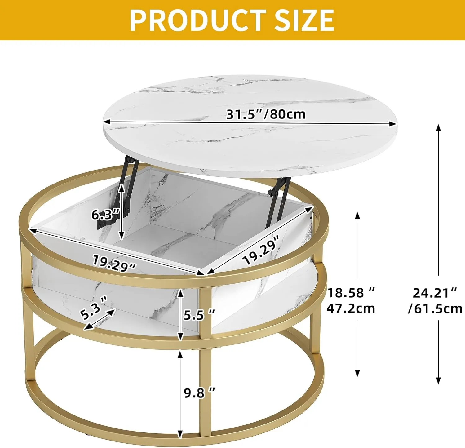 DWVO Coffee Tables for Living Room, Round Lift Top Coffee Table with Storage and Hidden Compartment, Rustic Small Circle Coffee Table, Wood Farmhouse Center Table, White and Gold