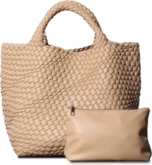 Dyalsa Woven Bag for Women, Vegan Leather Tote Bag Large Summer Beach Handbag Purse Retro Handmade Travel Shoulder Bag Set