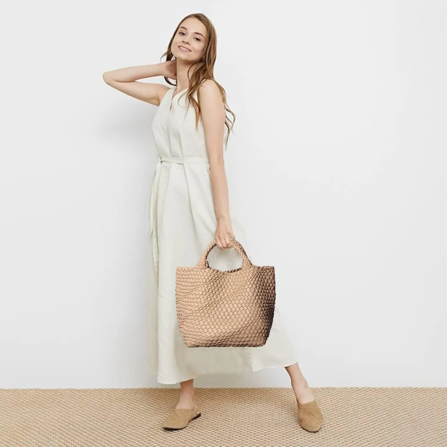 Dyalsa Woven Bag for Women, Vegan Leather Tote Bag Large Summer Beach Handbag Purse Retro Handmade Travel Shoulder Bag Set