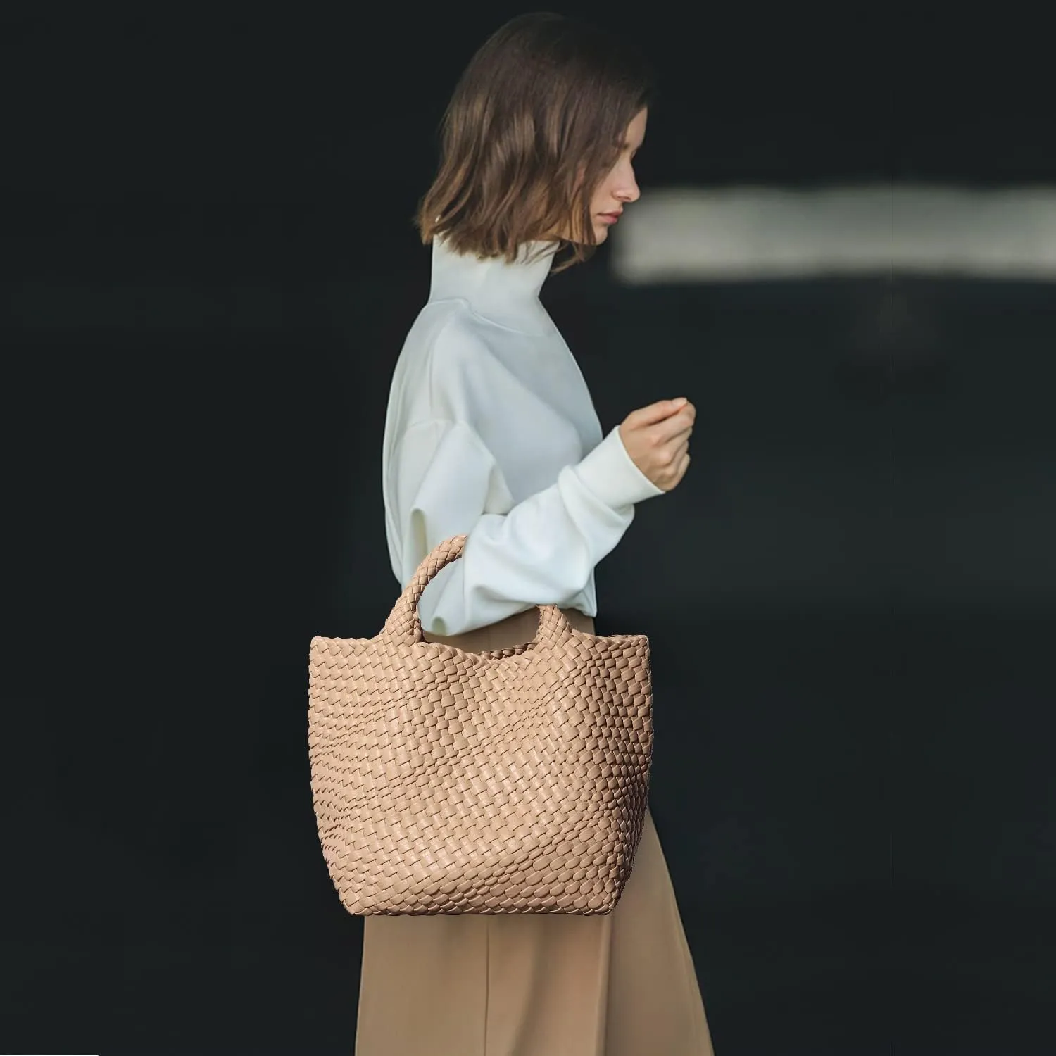 Dyalsa Woven Bag for Women, Vegan Leather Tote Bag Large Summer Beach Handbag Purse Retro Handmade Travel Shoulder Bag Set