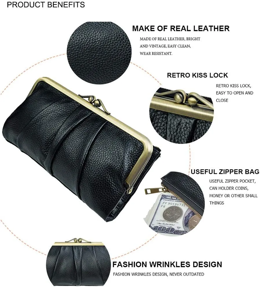 EASTNIGHTS Soft Leather Wallets for Women Compact Bifold RFID Clutch Wallet Ladies Coin Purse with Zipper and Kiss Lock