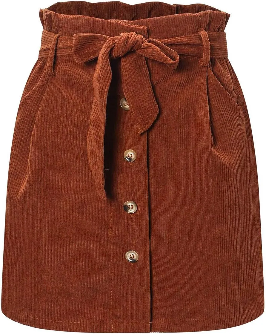 ebossy Women's Paperbag High Waist Button Front Corduroy Mini Skirt with Belt