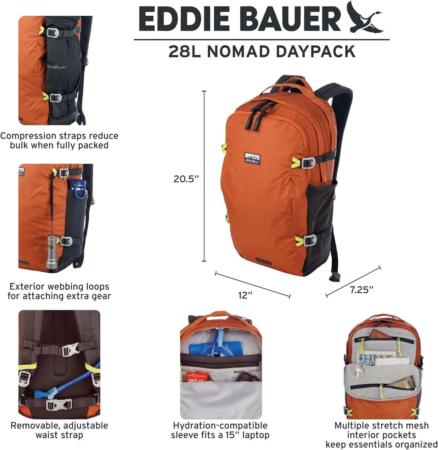 Eddie Bauer Nomad Backpack | Daypack | Laptop| Travel | Hiking | Gym | Work | Commuting | Dusted Indigo | 28L