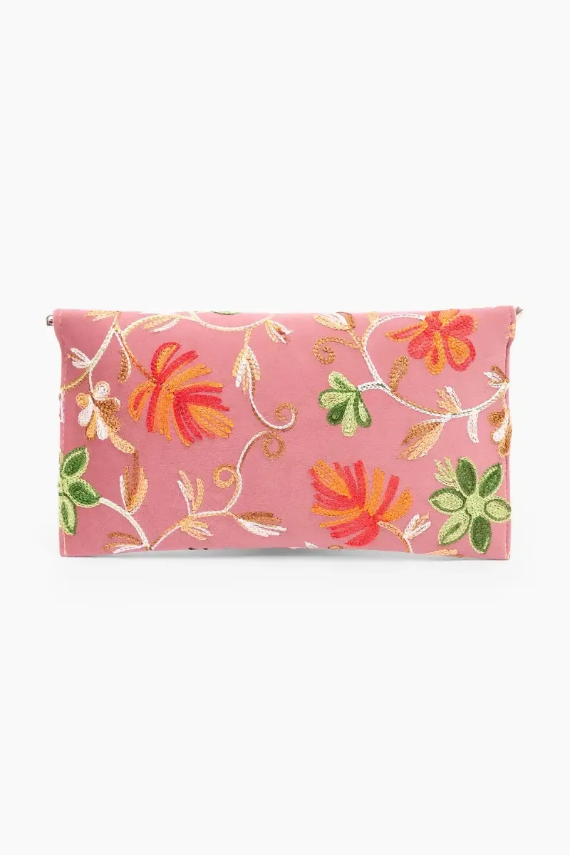 Elegant Embroidered Evening Clutch with Chain Strap for Women( Pink )