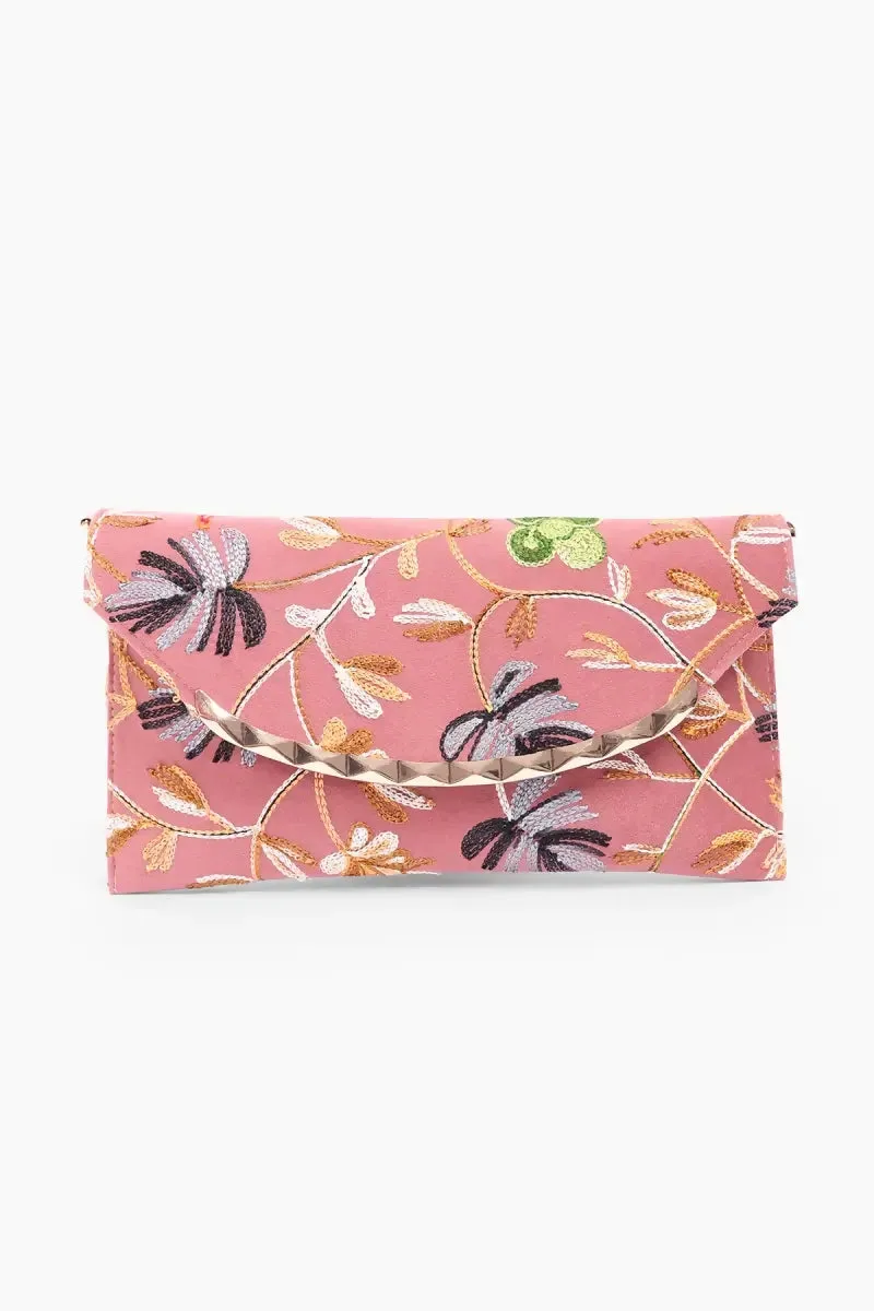 Elegant Embroidered Evening Clutch with Chain Strap for Women( Pink )