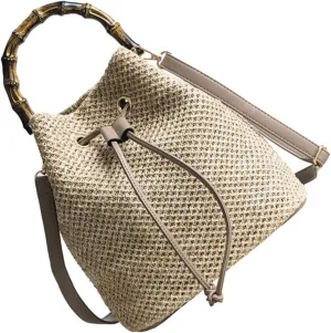 Elegant Straw Woven Tote Women's Drawstring Crossbody Handbag Fashion Bucket Bag for Beach Travel and Everyday