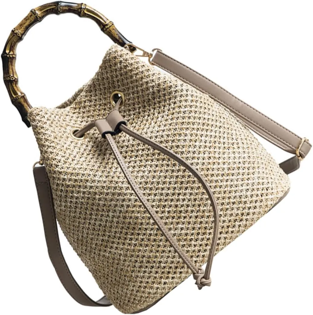 Elegant Straw Woven Tote Women's Drawstring Crossbody Handbag Fashion Bucket Bag for Beach Travel and Everyday