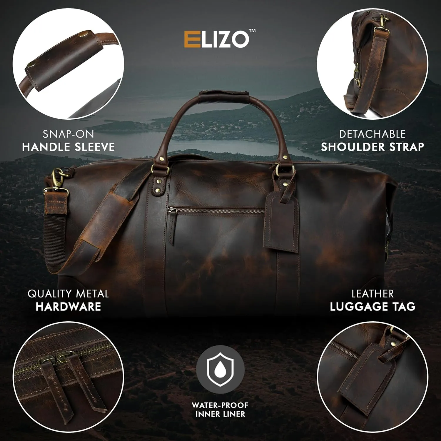 ELIZO Large Leather Duffle Bag For Men Women Big REAL FULL GRAIN Travel Overnight Weekender Carry On Luggage Sports Gym Bags (WalnutAntique 24 Inch) Heritage