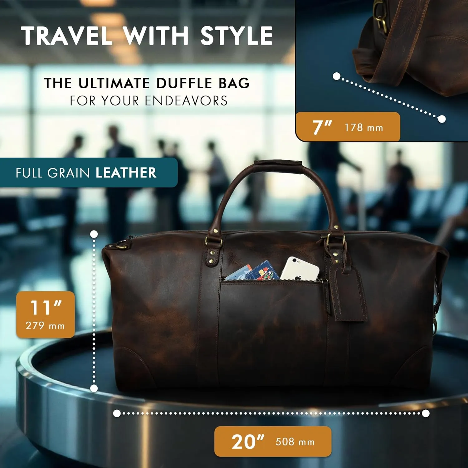 ELIZO Large Leather Duffle Bag For Men Women Big REAL FULL GRAIN Travel Overnight Weekender Carry On Luggage Sports Gym Bags (WalnutAntique 24 Inch) Heritage