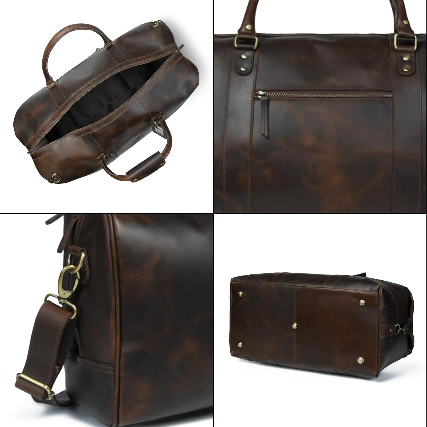 ELIZO Large Leather Duffle Bag For Men Women Big REAL FULL GRAIN Travel Overnight Weekender Carry On Luggage Sports Gym Bags (WalnutAntique 24 Inch) Heritage