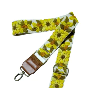 Embroidered bag strap, camera strap, adjustable bag, shoulder bag, peruvian handmade, ivory belt, yellow flower, ethnic, boho, gift for her