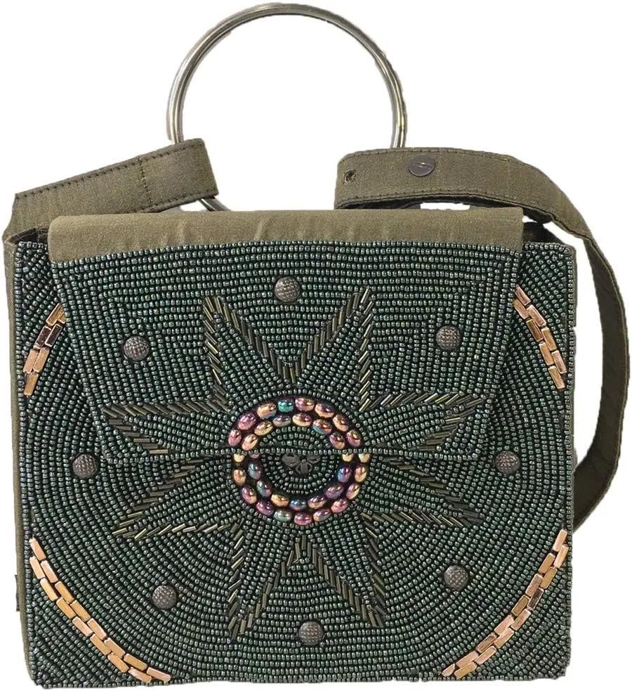 Emilie Beaded Belt Bag Waist Pack, Olive Green Multi