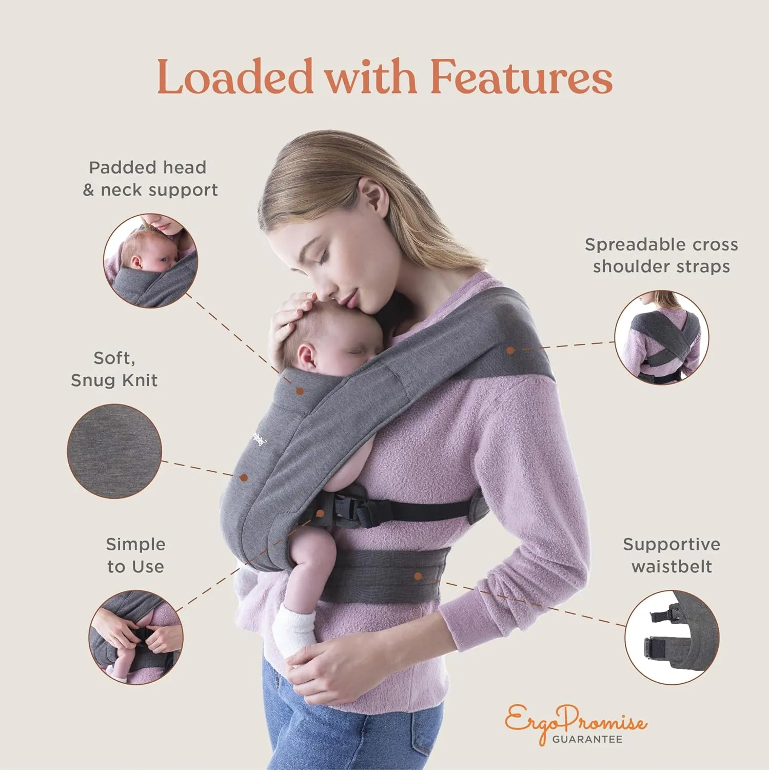 Ergobaby Embrace Cozy Newborn Baby Wrap Carrier (7-25 Pounds), Ponte Knit, Canyon Clay