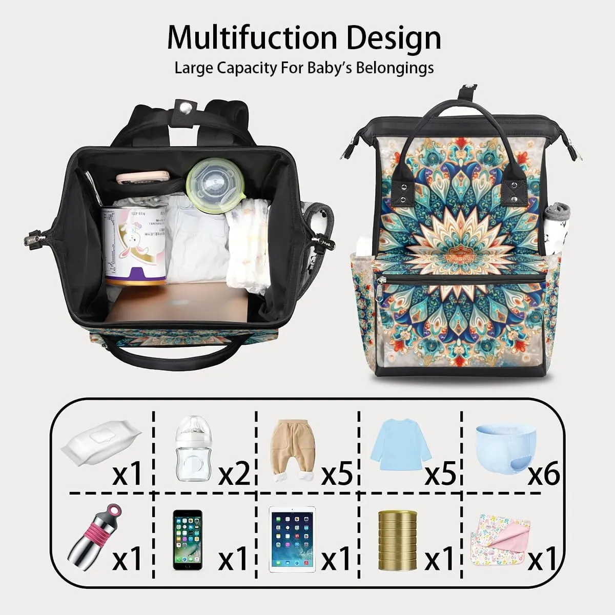 Ethnic Mandala Colorful Flower Large Diaper Bag Backpack for Mom Dad Travel Casual Diaper Back Pack Tote Waterproof Nappy Changing Bags Baby Maternity Hospital Bag Shoulder Diaper Daypack for Women