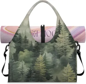 Evergreen Forest Tote Bag for Women with Zipper, Gym Tote with Compartments, Work Tote Nurse Dance Yoga Bag for Sport, Travel