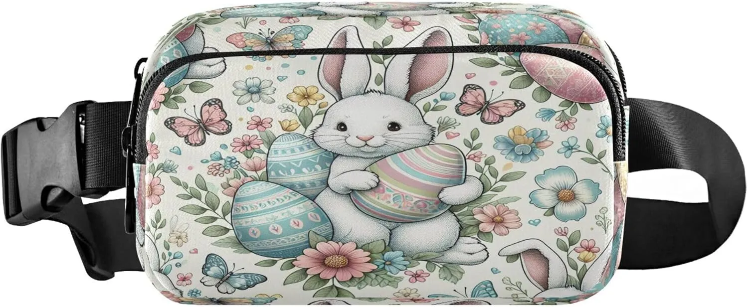 Exnundod Fanny Packs for Women & Men Retro Easter Pattern, Waist Pack Cute Bunny Hunt Eggs Crossbody Bags Belt Adjustable Strap for Running Hiking Workout