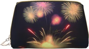 Explosion Fireworks 3d Print Leather Clutch Zipper Cosmetic Bag, Travel Cosmetic Organizer, Leather Storage Cosmetic Bag