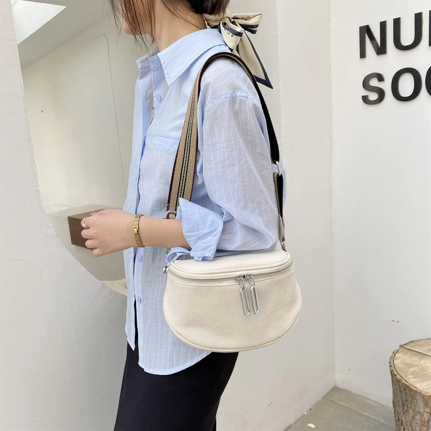 Fanny Pack Crossbody Bags For Women Genuine Leather Fashion Belt Bag Waist Purse (White01)