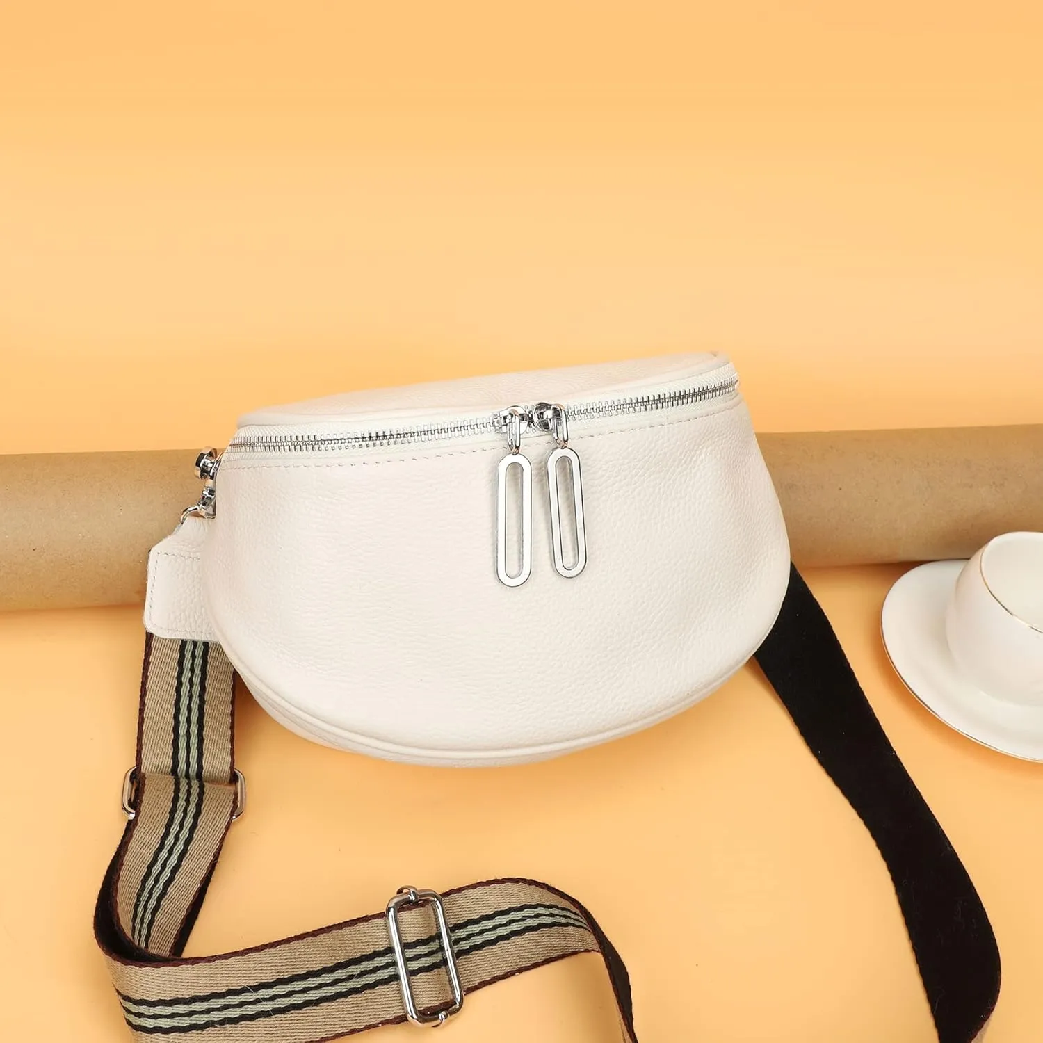 Fanny Pack Crossbody Bags For Women Genuine Leather Fashion Belt Bag Waist Purse (White01)