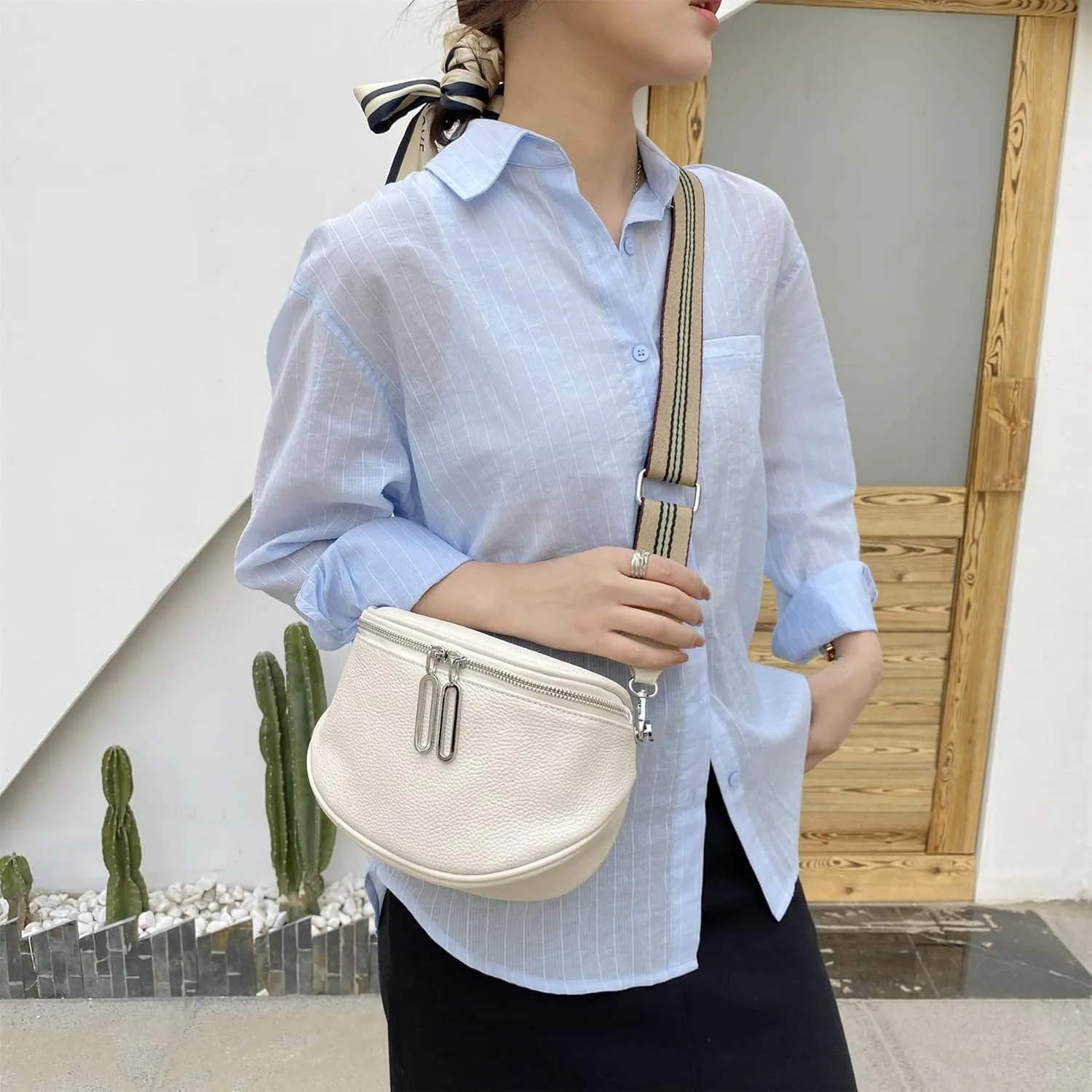 Fanny Pack Crossbody Bags For Women Genuine Leather Fashion Belt Bag Waist Purse (White01)