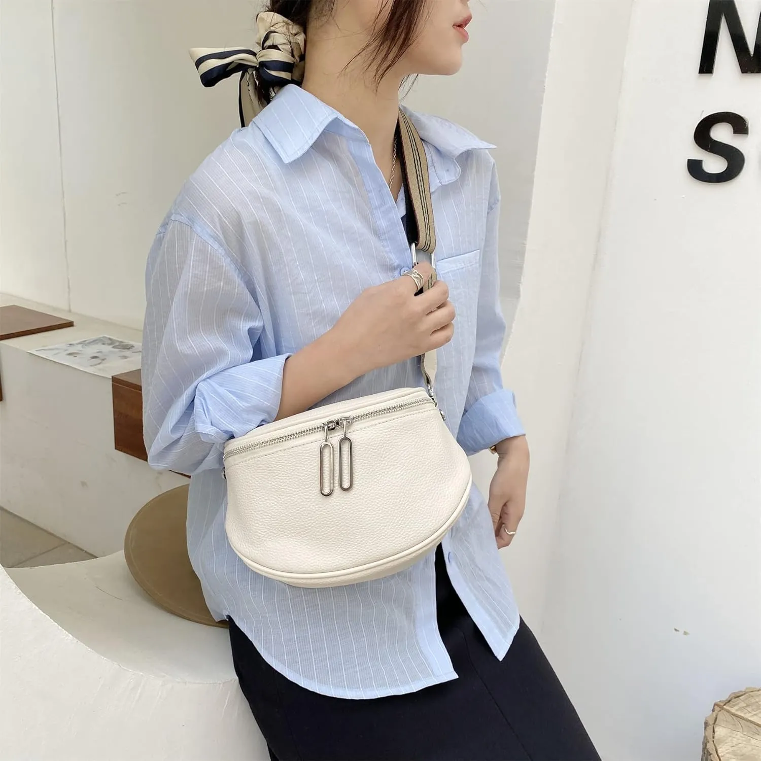 Fanny Pack Crossbody Bags For Women Genuine Leather Fashion Belt Bag Waist Purse (White01)