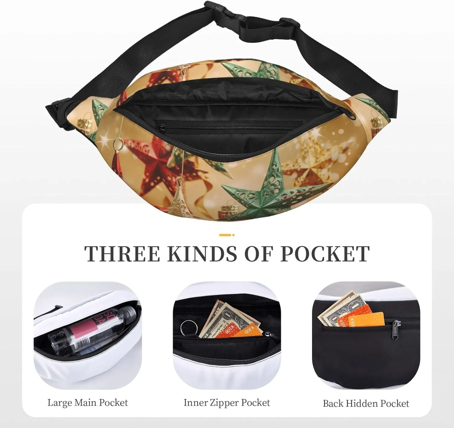 Fanny Pack for Men Women Waist Bag Adjustable Waist Pack Crossbody Belt Bag Holiday Christmas Stars Bum Bag