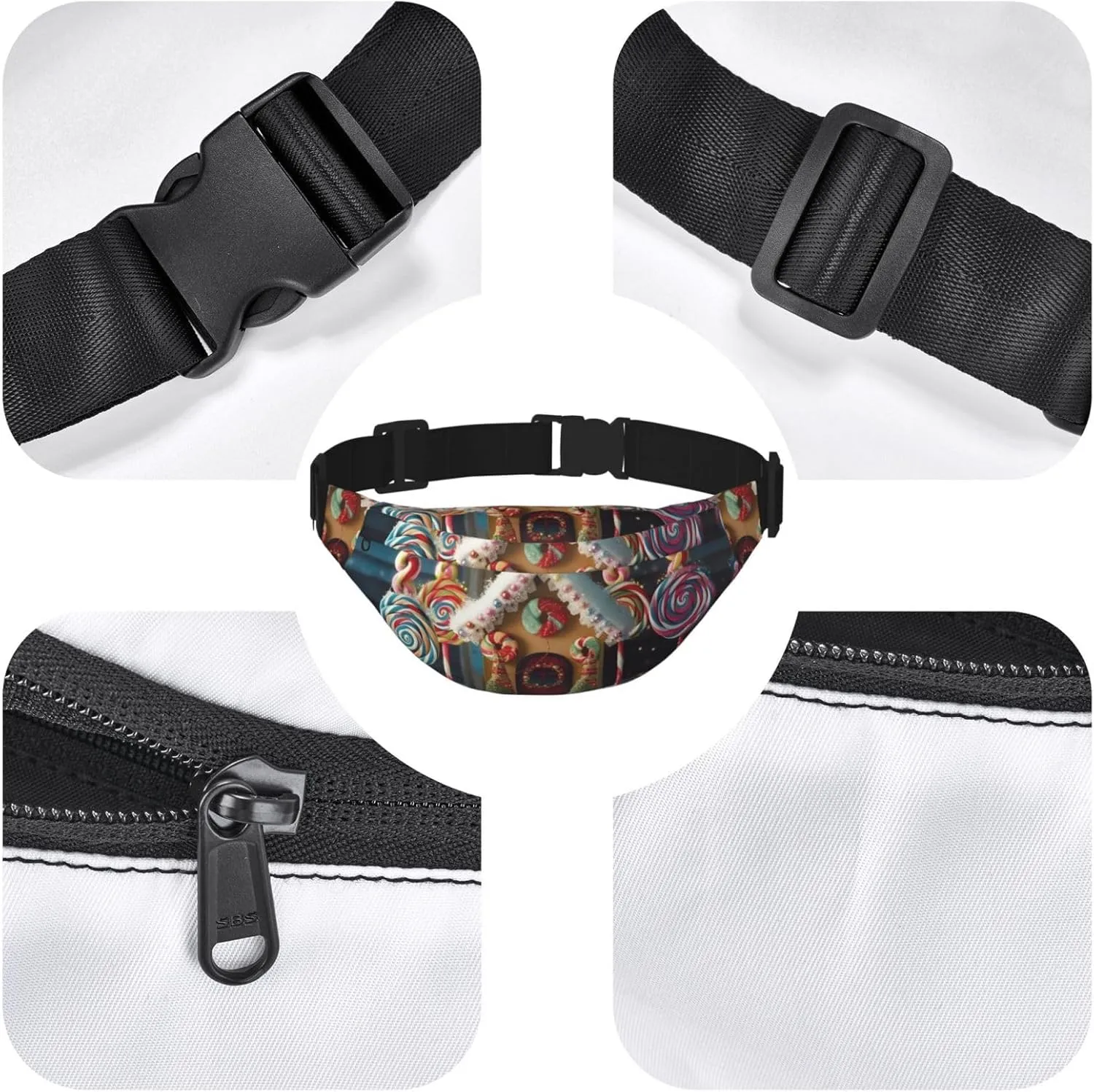 Fanny Pack for Men Women Waist Bag Adjustable Waist Pack Crossbody Belt Bag Lollipops Christmas Trees Cottage Bum Bag