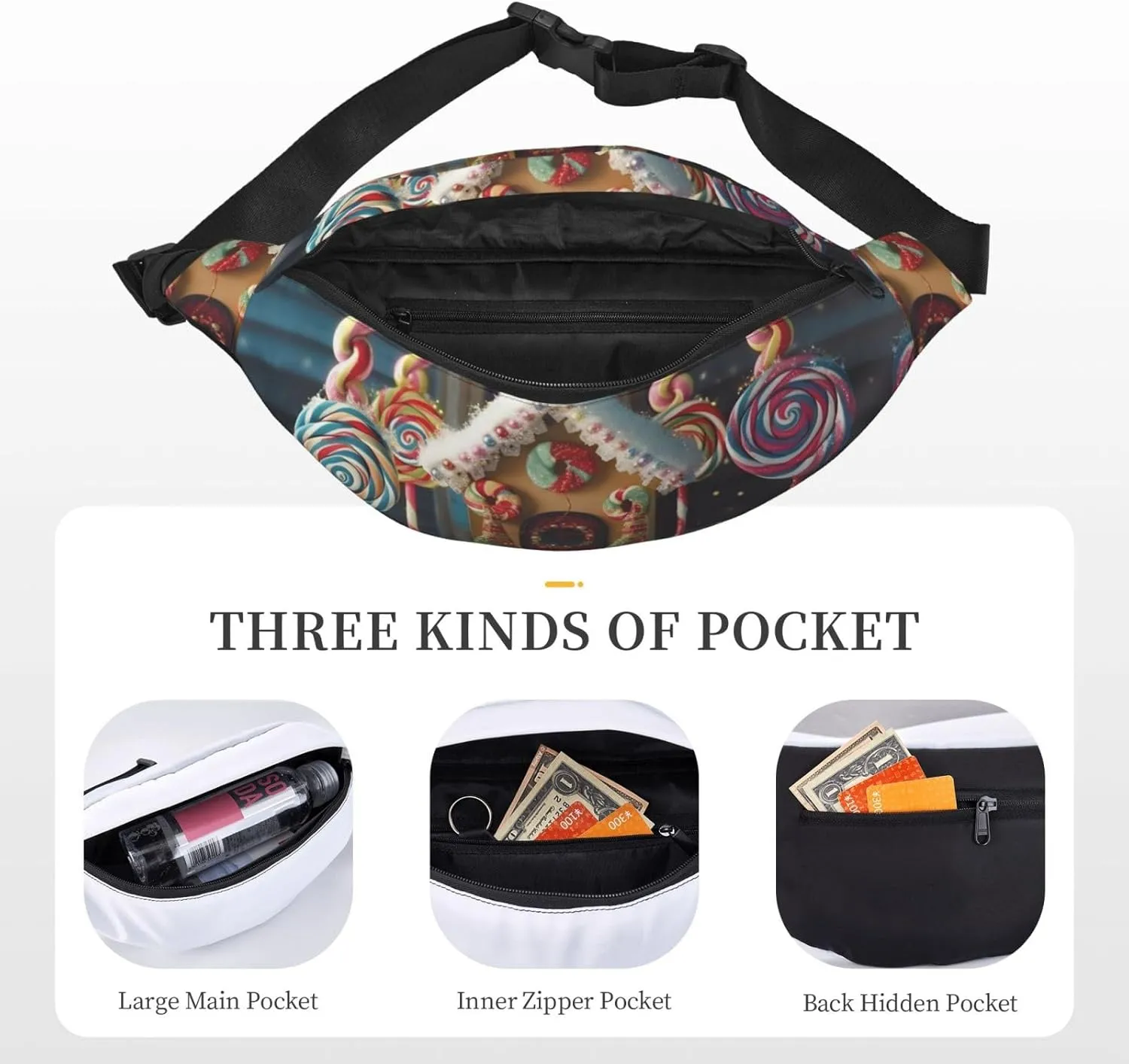 Fanny Pack for Men Women Waist Bag Adjustable Waist Pack Crossbody Belt Bag Lollipops Christmas Trees Cottage Bum Bag