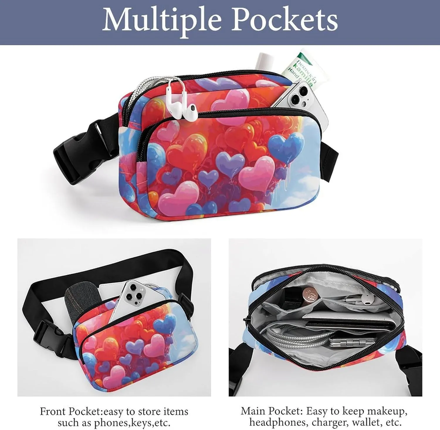 Fanny Pack for Men&Women Crossbody Waist Bag Small Sling Backpack Heart Shaped Drawing Belt Bag