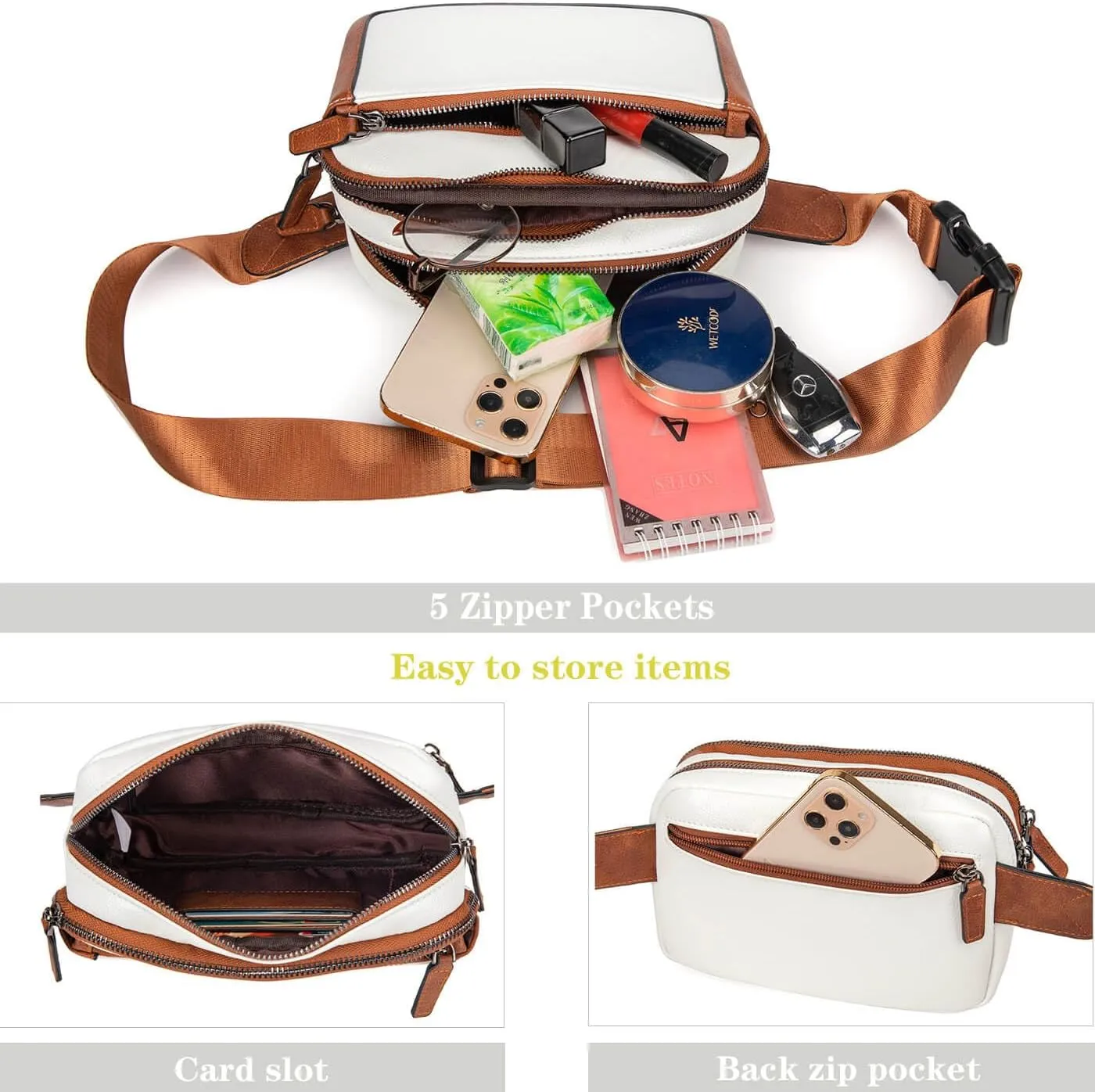 Fanny Packs for Women, Leather Vegan Belt Bag Crossbody Waist Bag Adjustable Strap, Large Fashion Everywhere Belt Bag, Beige Brown