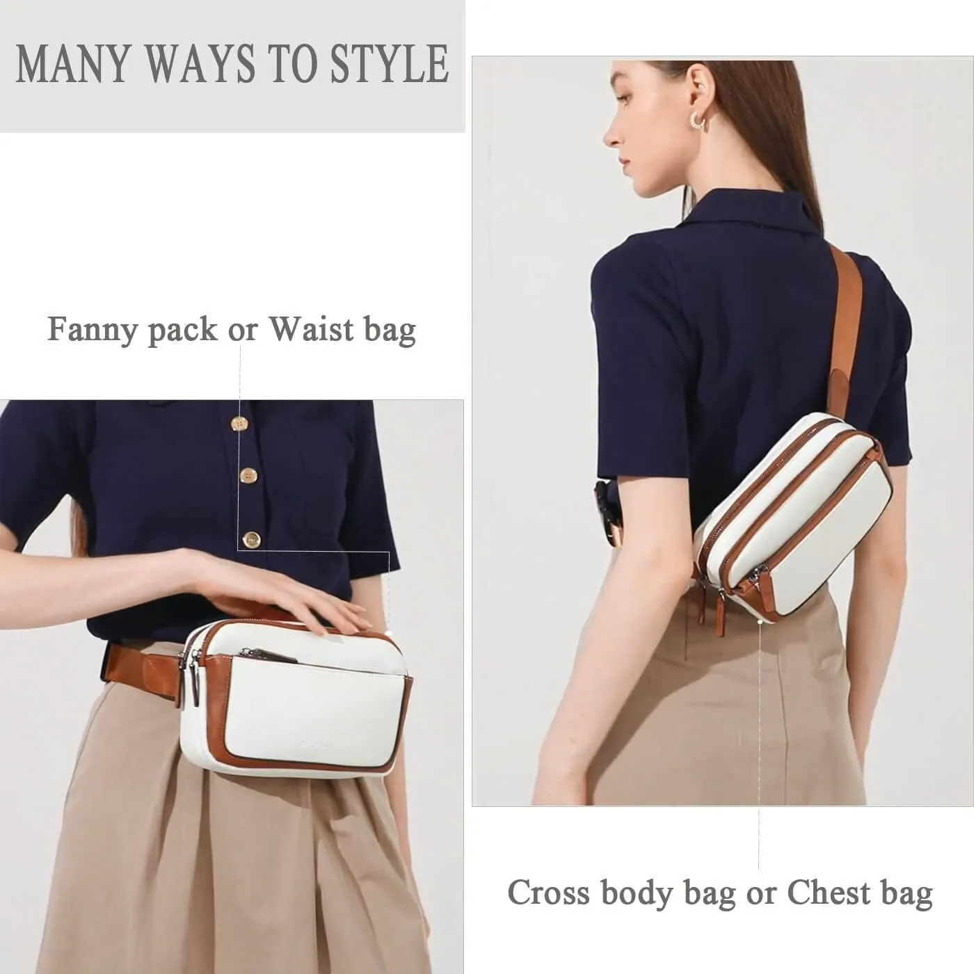 Fanny Packs for Women, Leather Vegan Belt Bag Crossbody Waist Bag Adjustable Strap, Large Fashion Everywhere Belt Bag, Beige Brown