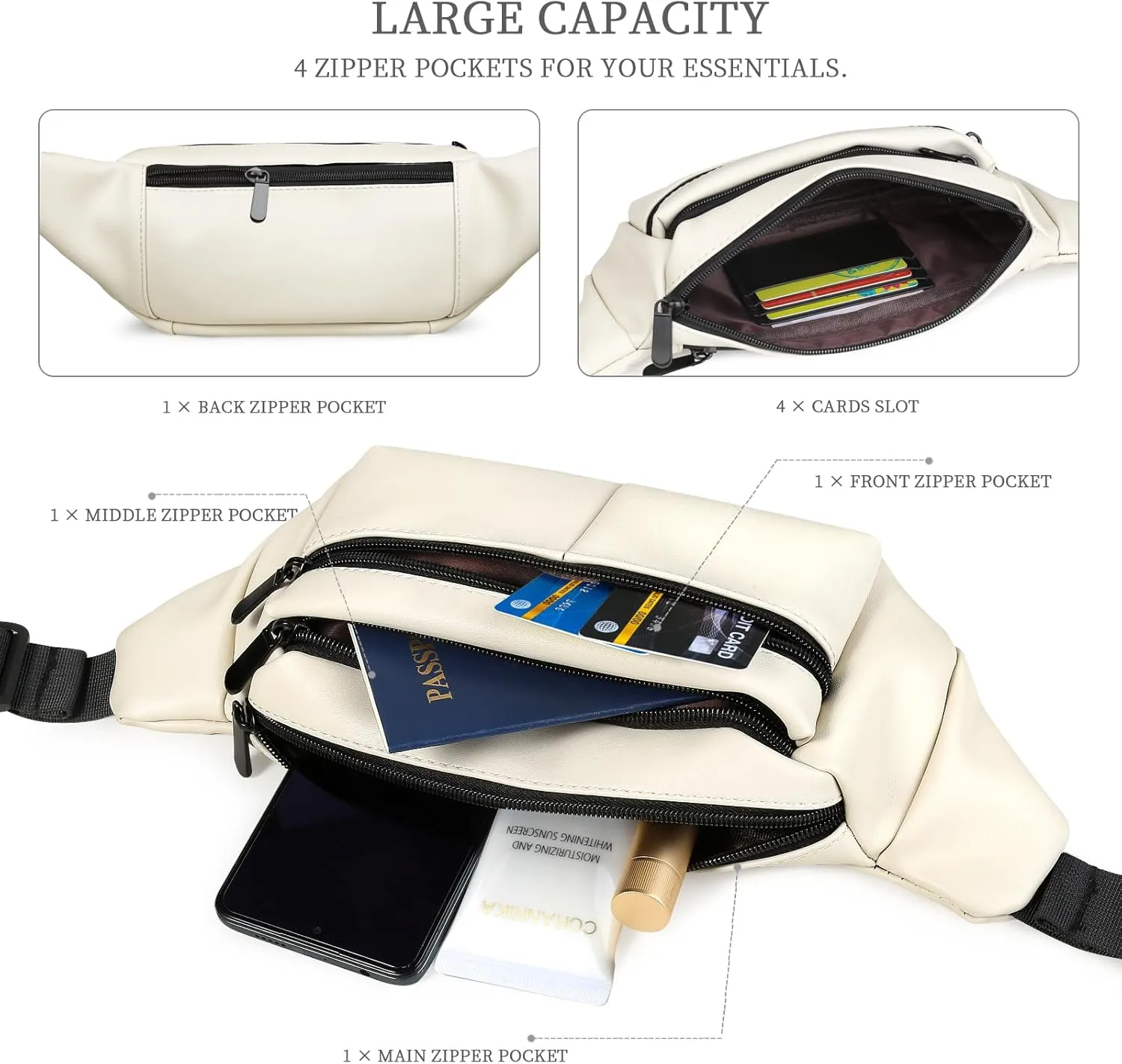 Fanny Packs for Women Plus Size, PU Leather Fanny Pack Running Belt Bag for Women with Card Slots, Black Waist Bags Crossbody Waist Pack Hip Bum Bag for Travel Workout Hiking Disney Beige Brown Green