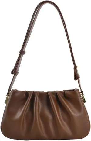 Fashion Pleated Leather Handbag for Women - Stylish Khaki Shoulder Bag with Zipper Clutch Purse