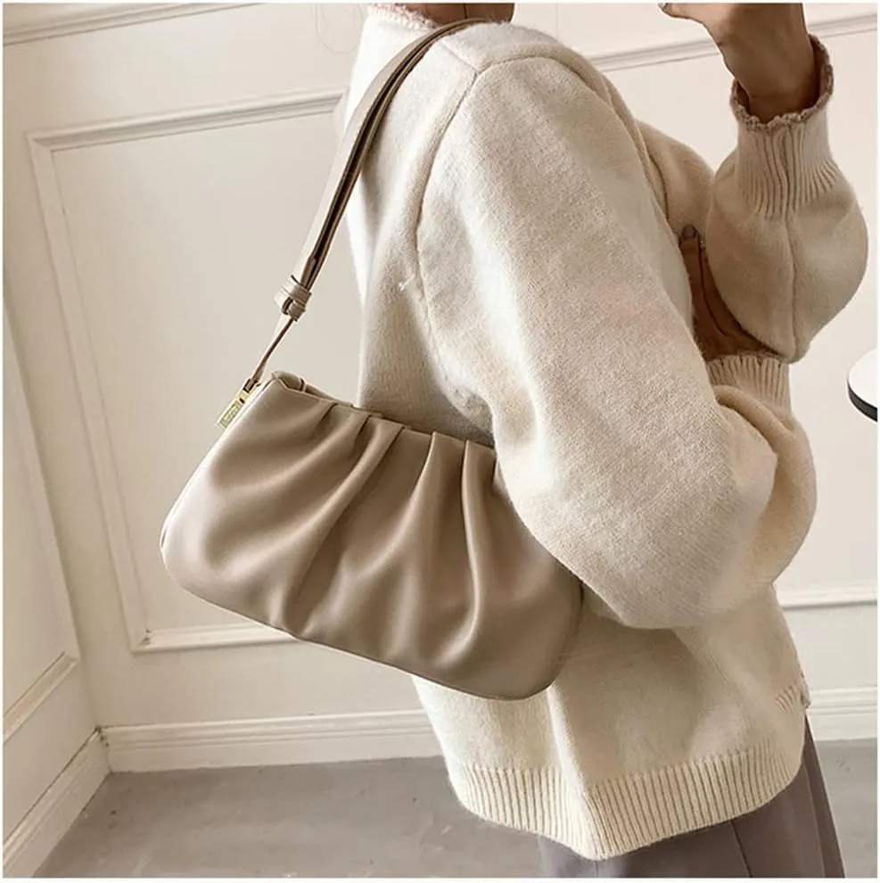 Fashion Pleated Leather Handbag for Women - Stylish Khaki Shoulder Bag with Zipper Clutch Purse