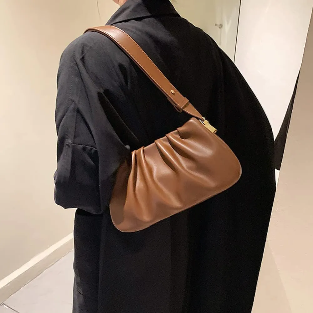 Fashion Pleated Leather Handbag for Women - Stylish Khaki Shoulder Bag with Zipper Clutch Purse