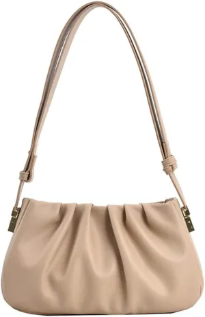 Fashion Pleated Leather Handbag for Women - Stylish Khaki Shoulder Bag with Zipper Clutch Purse