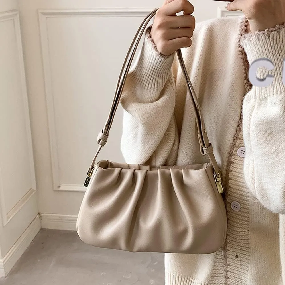 Fashion Pleated Leather Handbag for Women - Stylish Khaki Shoulder Bag with Zipper Clutch Purse