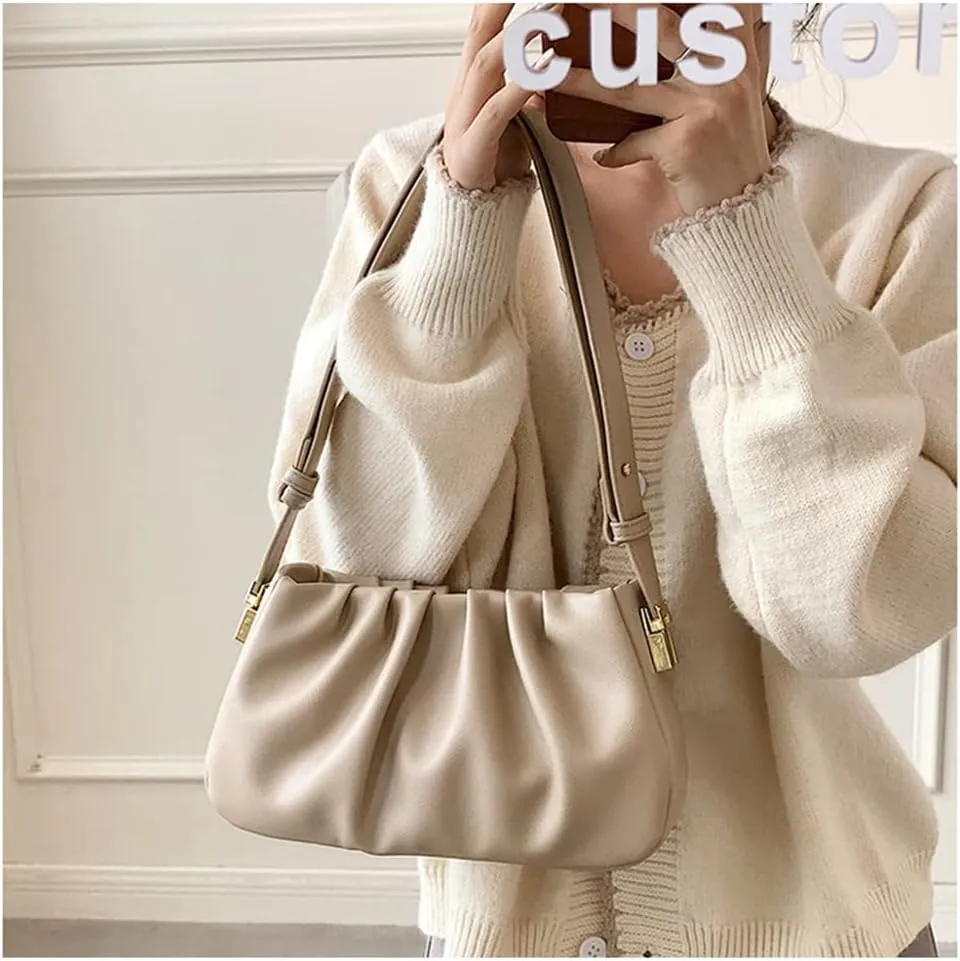 Fashion Pleated Leather Handbag for Women - Stylish Khaki Shoulder Bag with Zipper Clutch Purse