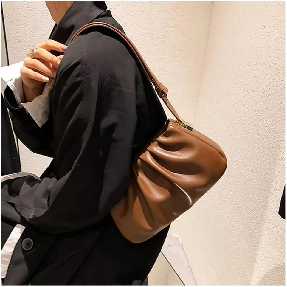 Fashion Pleated Leather Handbag for Women - Stylish Khaki Shoulder Bag with Zipper Clutch Purse