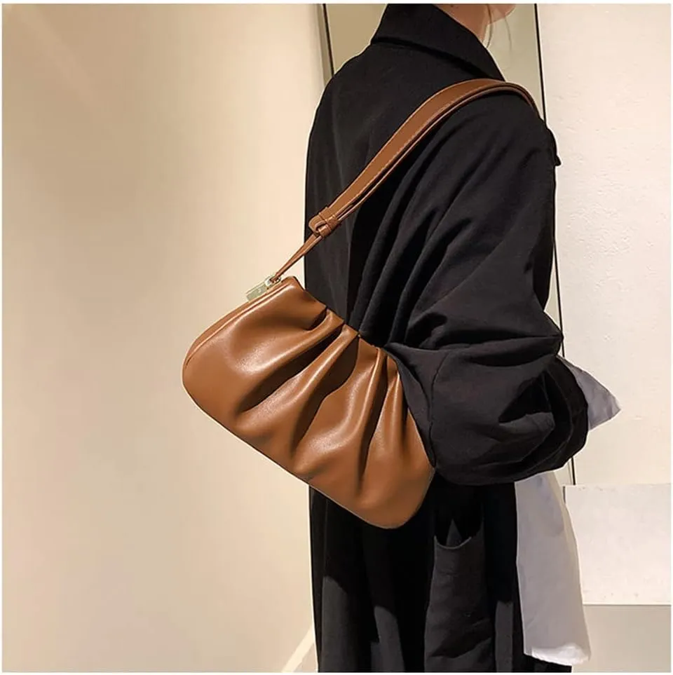 Fashion Pleated Leather Handbag for Women - Stylish Khaki Shoulder Bag with Zipper Clutch Purse