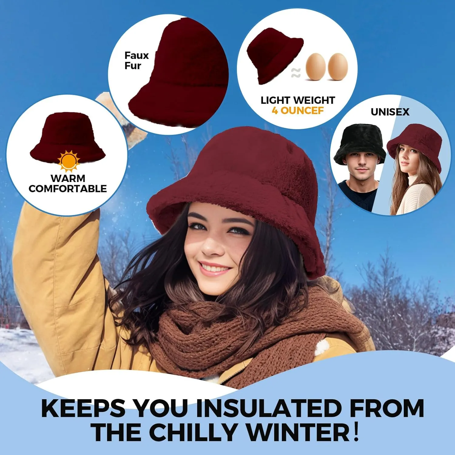 Faux Fur Winter Bucket Hat for Women Men Fuzzy Warm Hat Women's Furry Fisherman Cap for Casual, Trips, Sports, Skiing