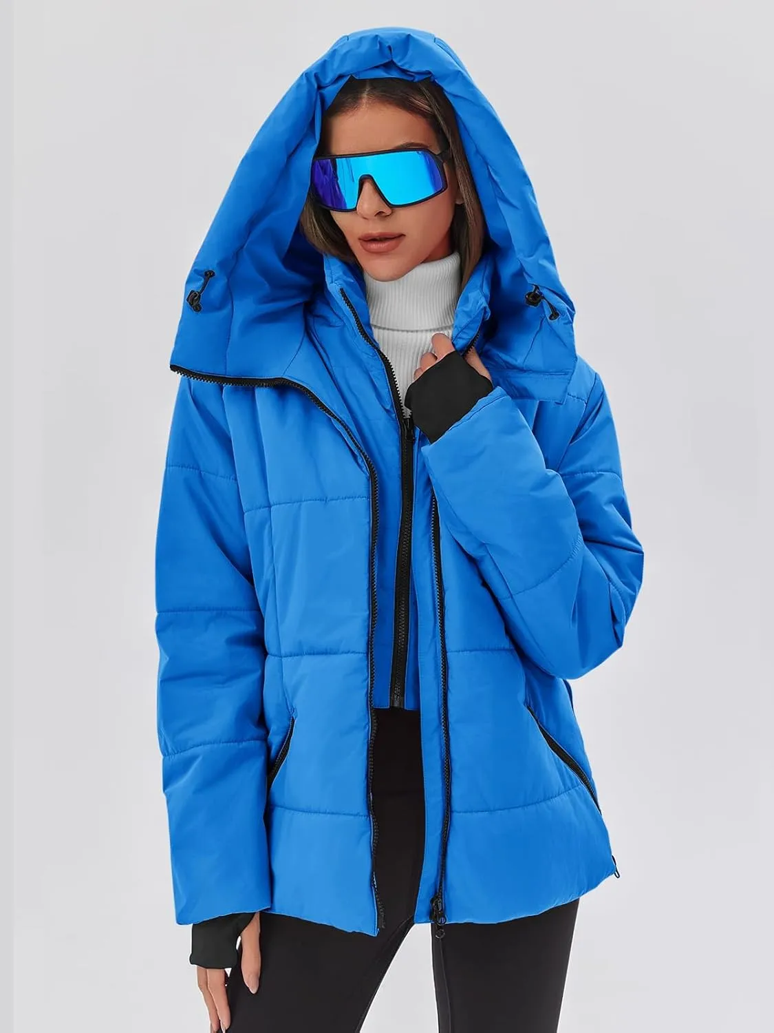 Fisoew Womens Ski Jacket Warm Hooded Windproof Waterproof Quilted Puffy Snow Winter Coat with Belt