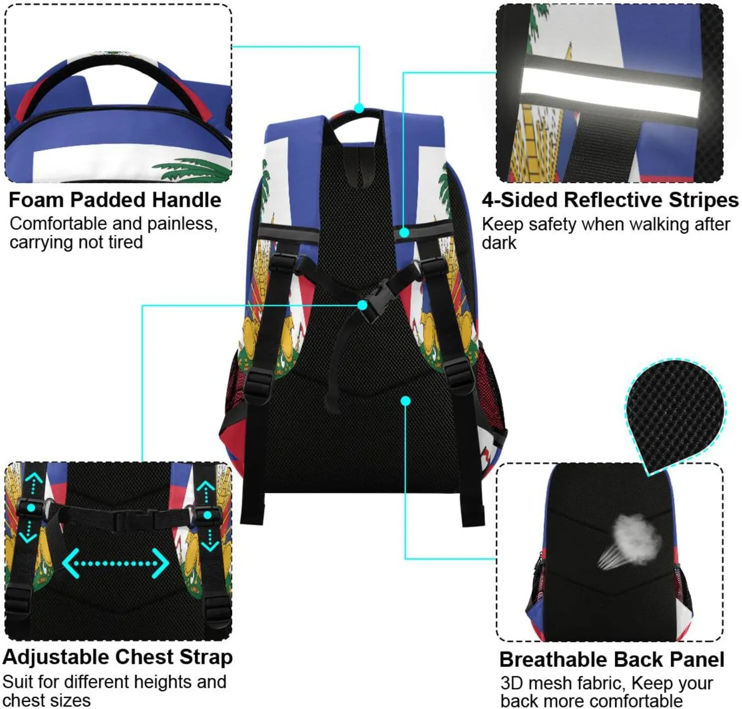 Flag Of Haiti Backpack for Girls Kids Boys School Bookbags,Student Laptop Backpack Carrying Bag Casual Lightweight Travel Sports Day Packs