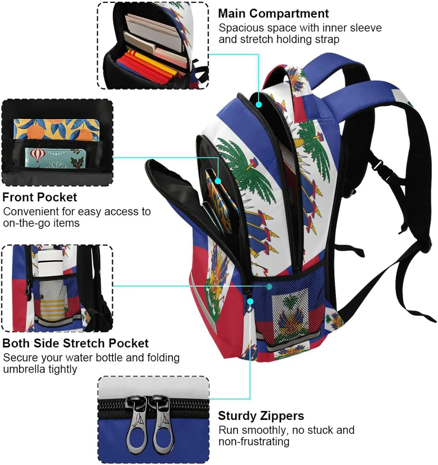 Flag Of Haiti Backpack for Girls Kids Boys School Bookbags,Student Laptop Backpack Carrying Bag Casual Lightweight Travel Sports Day Packs